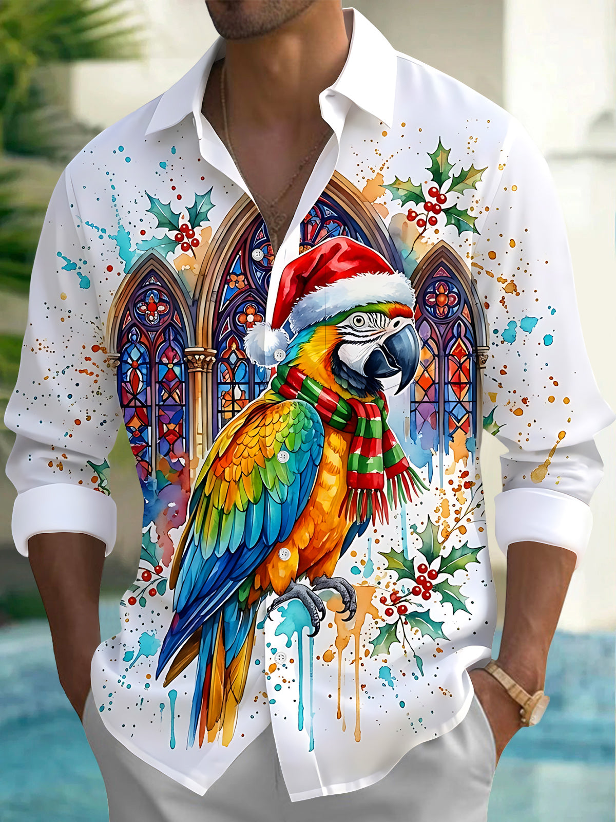 Oceanlyte Men's Long Sleeve Shirt - Christmas Parrot With Santa Hat And Scarf Print with Chest Pocket
