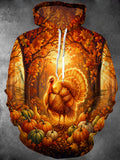 Oceanlyte Men's Long Sleeve Hoodie - Thanksgiving Autumn Forest Turkey And Pumpkins Print