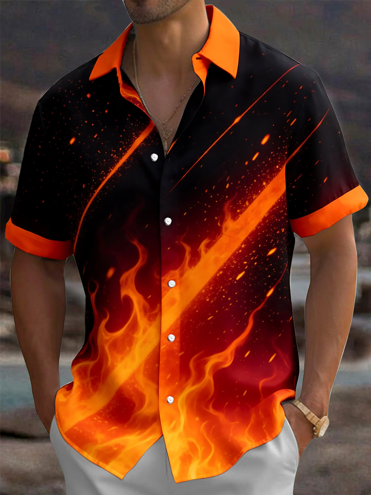 Oceanlyte Men's Graphic Abstract Flame And Lava Pattern Short Sleeve Shirt with Chest Pocket