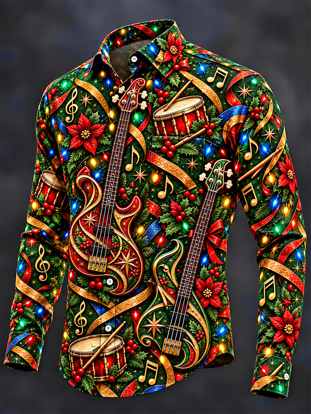 Oceanlyte Men's Long Sleeve Shirt - Bass Guitars And Drums With Christmas Motifs Print with Chest Pocket