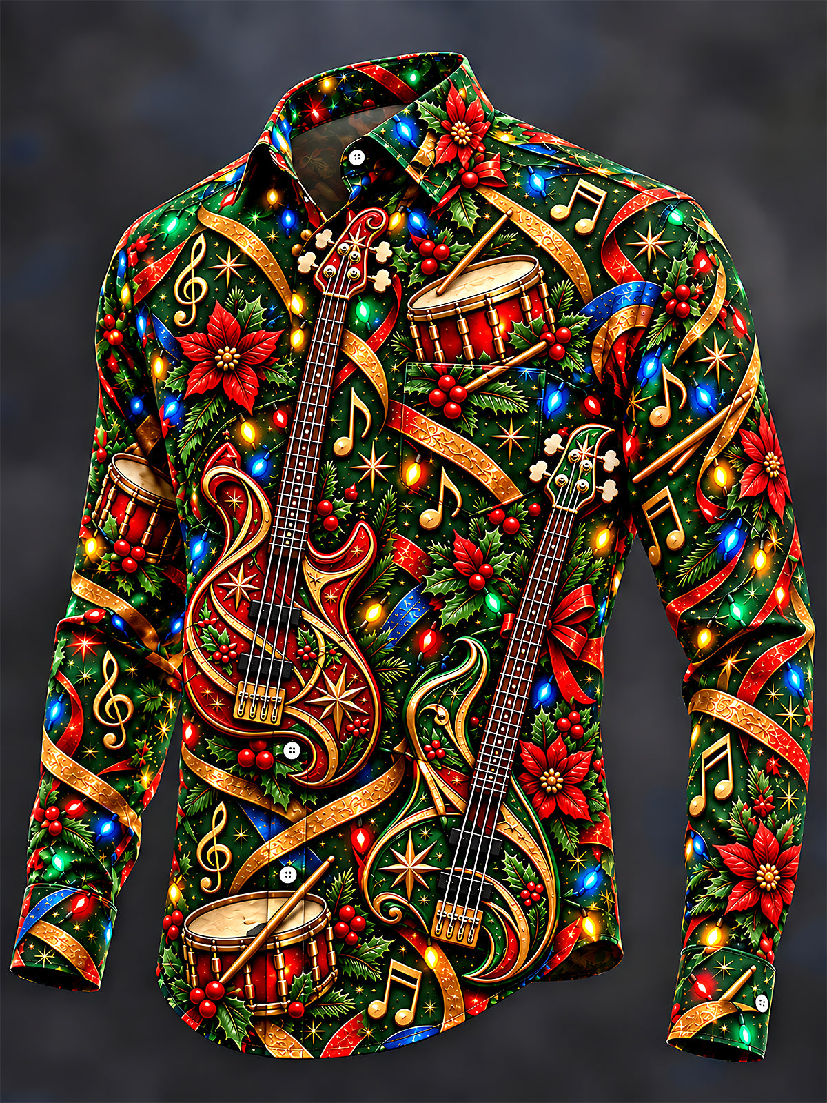 Oceanlyte Men's Long Sleeve Shirt - Bass Guitars And Drums With Christmas Motifs Print with Chest Pocket