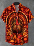Oceanlyte Men's Thanksgiving Turkey And Autumn Leaves Print Short Sleeve Shirt with Chest Pocket