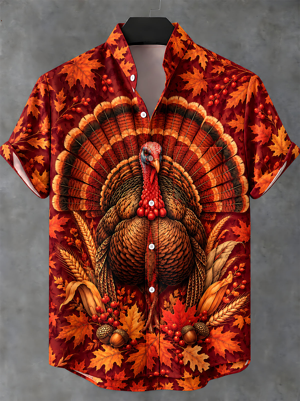 Oceanlyte Men's Thanksgiving Turkey And Autumn Leaves Print Short Sleeve Shirt with Chest Pocket