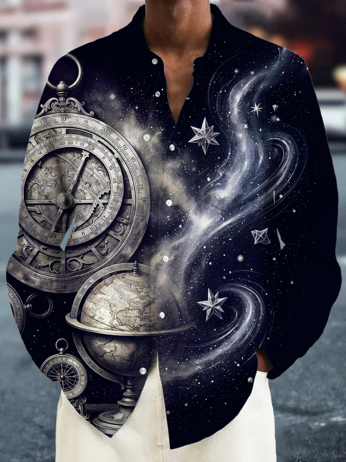 Oceanlyte Men's Vintage Astrolabe And Star Map Print Long Sleeve Shirt with Chest Pocket