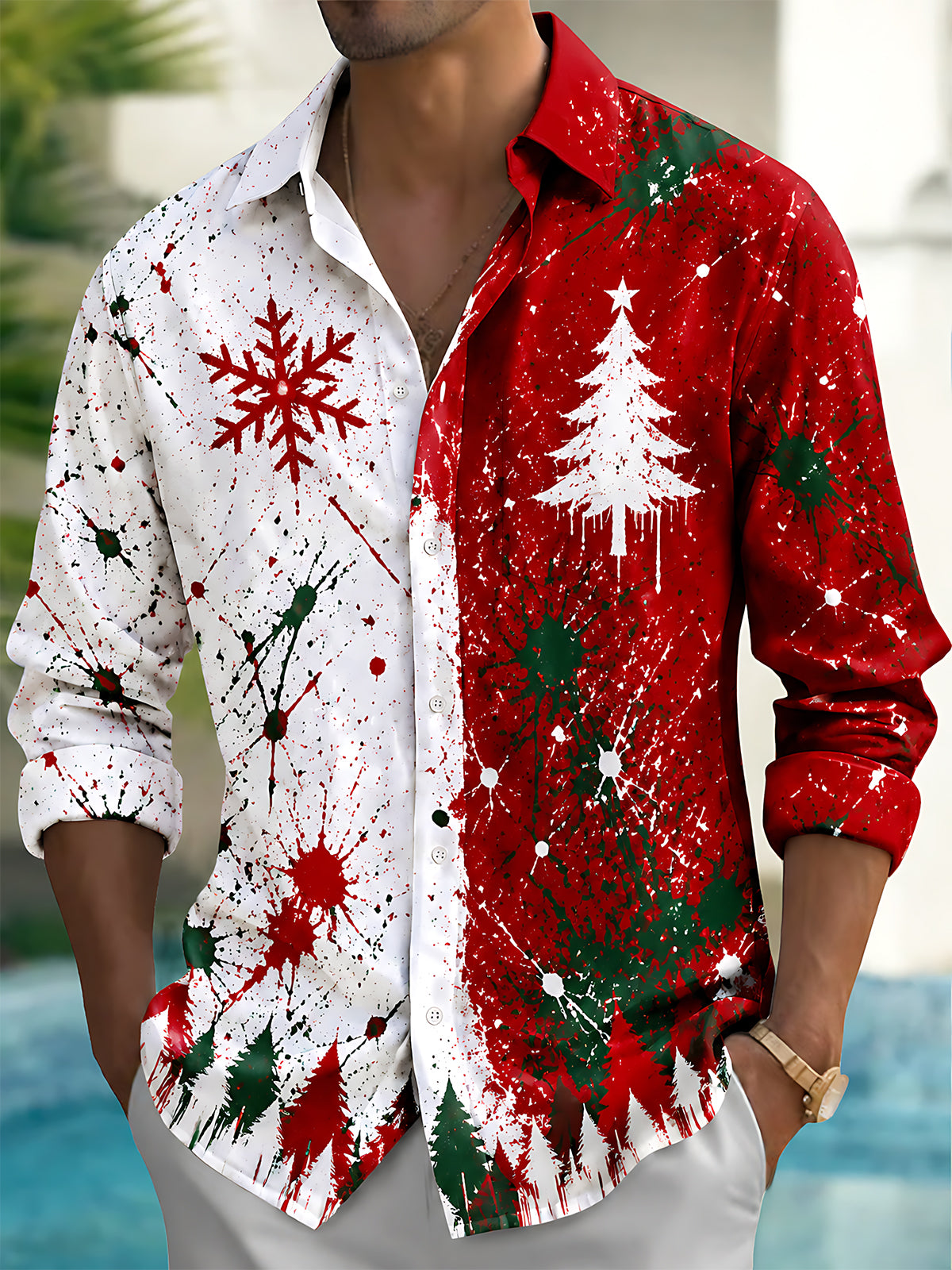 Oceanlyte Men's Long Sleeve Shirt - Christmas Tree And Snowflake With Paint Splatter Print with Chest Pocket