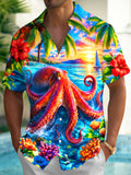 Oceanlyte Men's Hawaiian Octopus And Coral Reef Print Short Sleeve Shirt with Chest Pocket