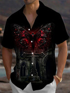 Oceanlyte Men's Graphic Gothic Moth And Cross Print Short Sleeve Shirt with Chest Pocket