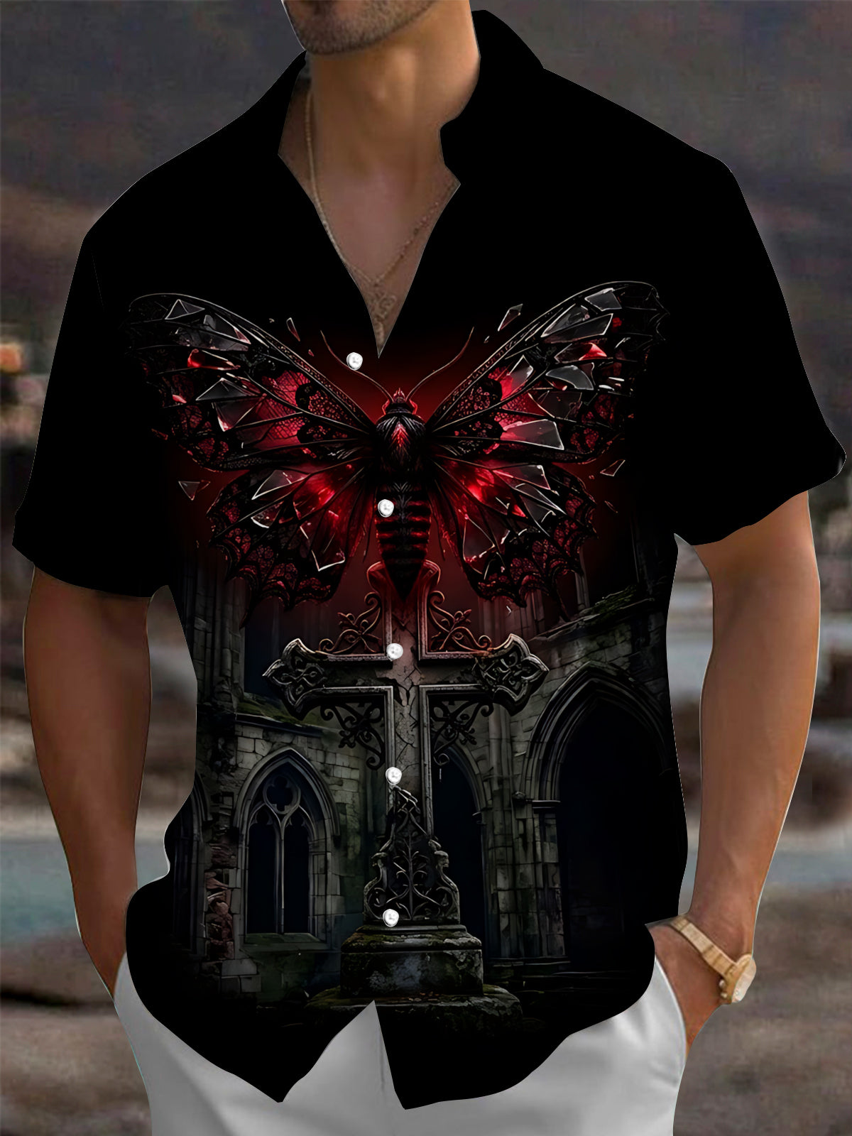 Oceanlyte Men's Graphic Gothic Moth And Cross Print Short Sleeve Shirt with Chest Pocket