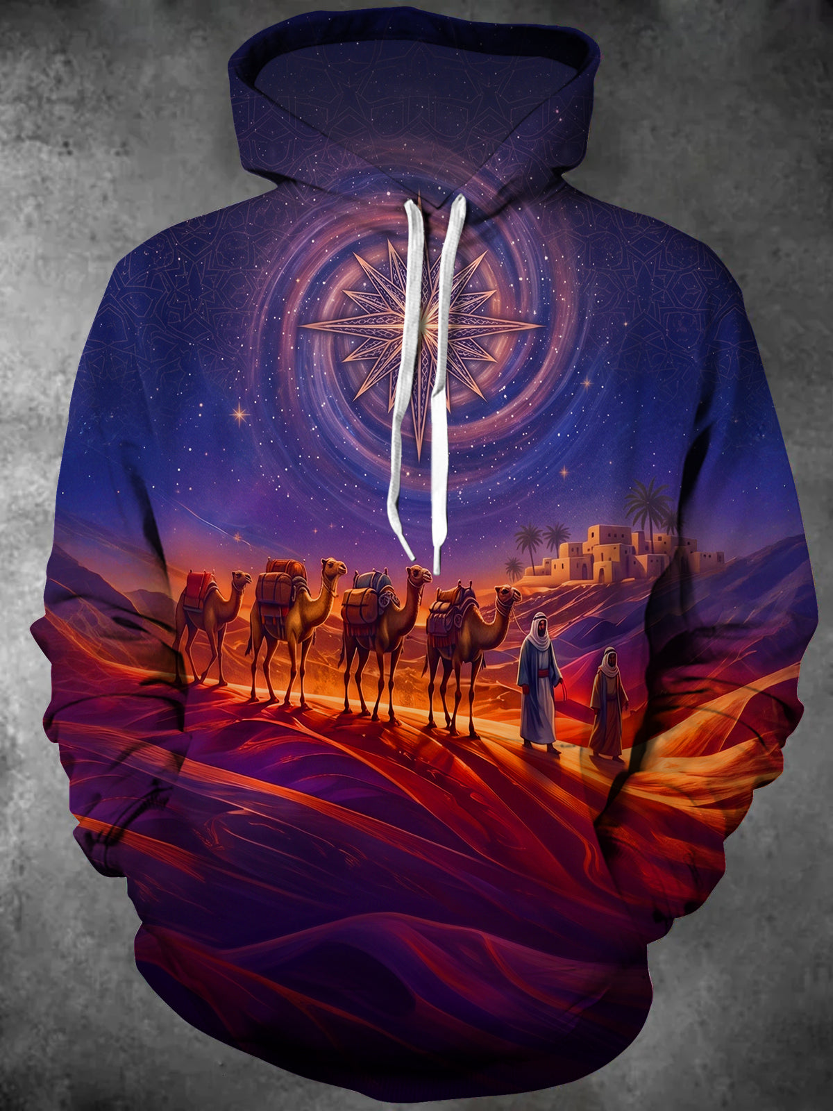 Oceanlyte Men's Long Sleeve Hoodie - Desert Camel Caravan And Starry Night Sky Print
