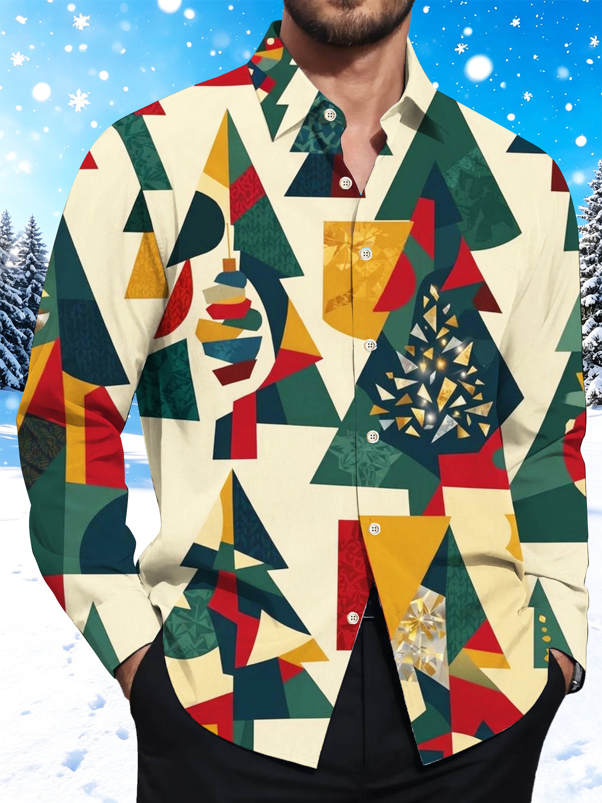 Oceanlyte Men's Geometric Christmas Trees And Ornaments Print Long Sleeve Shirt with Chest Pocket