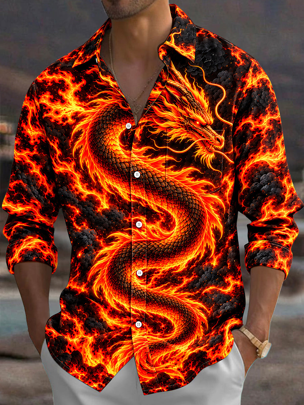 Oceanlyte Men's Graphic Flame Dragon Print Long Sleeve Shirt with Chest Pocket