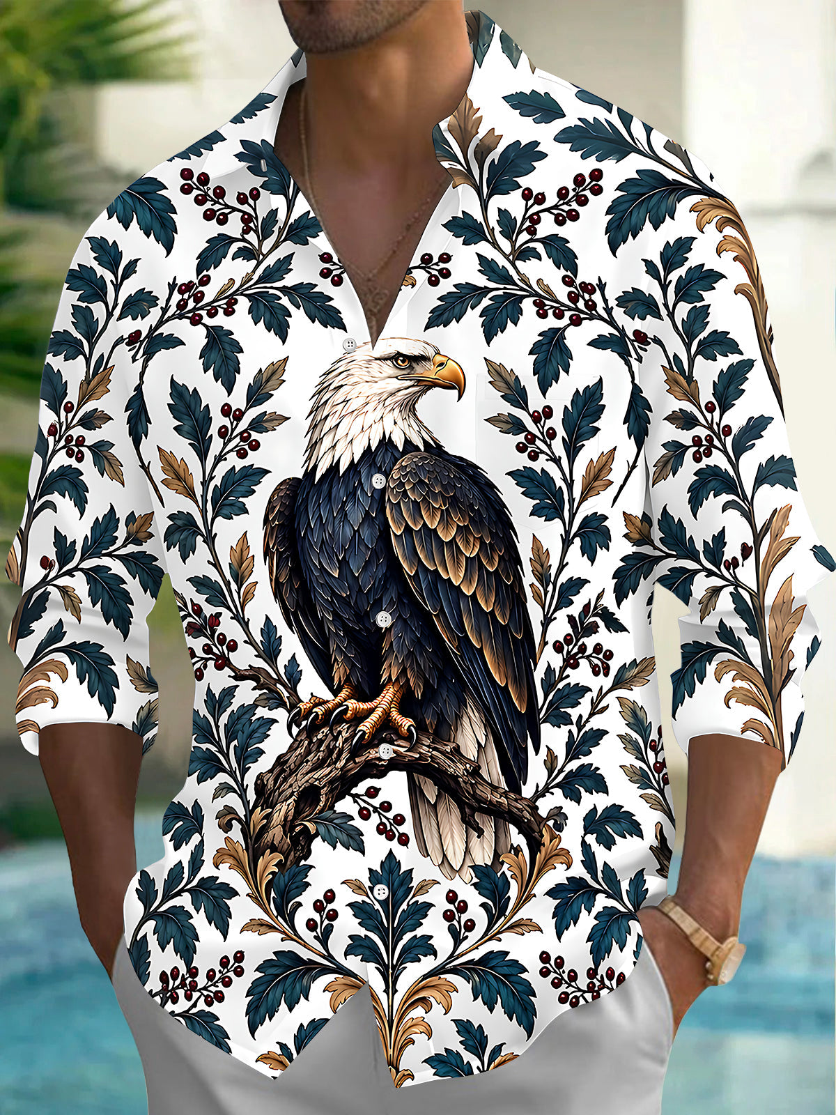 Oceanlyte Men's Printed Bald Eagle And Floral Branches Print Long Sleeve Shirt with Chest Pocket