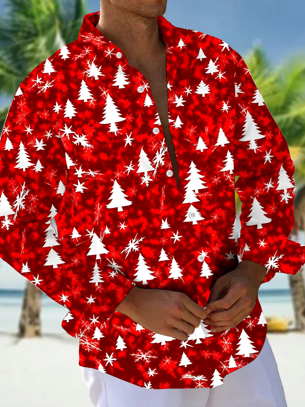 Oceanlyte Men's Printed Christmas Tree Print Snowflake Print Long Sleeve Shirt with Chest Pocket
