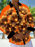 Oceanlyte Men's Hawaiian Glowing Golden Floral Pattern Long Sleeve Shirt with Chest Pocket