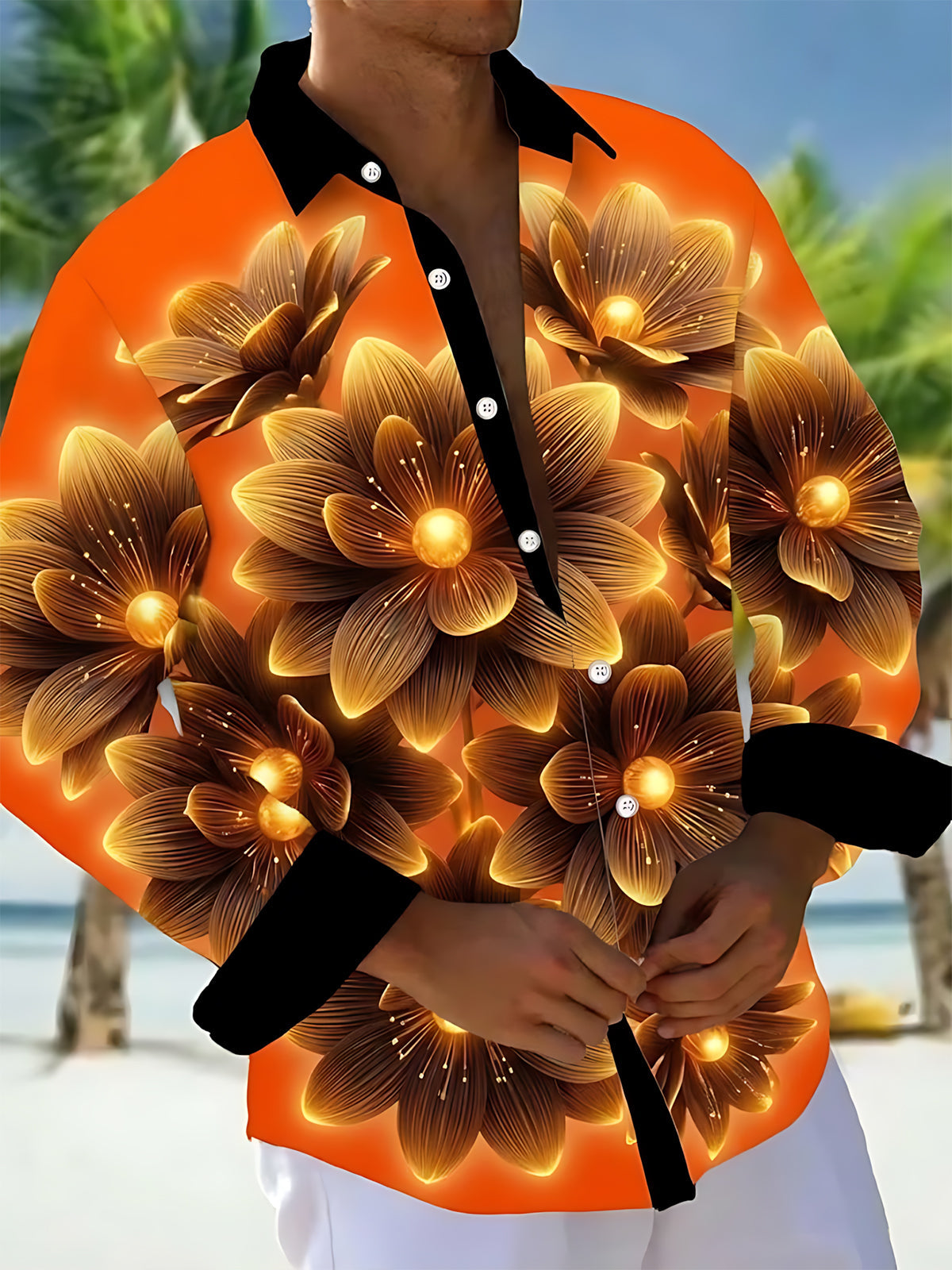 Oceanlyte Men's Hawaiian Glowing Golden Floral Pattern Long Sleeve Shirt with Chest Pocket