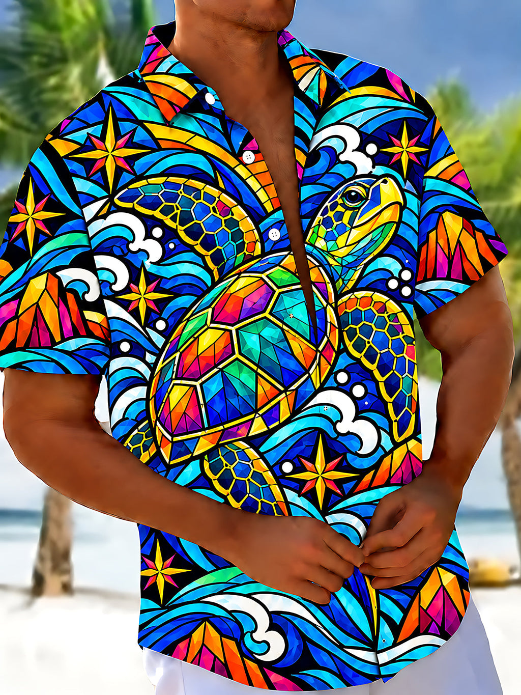 Oceanlyte Men's Hawaiian Sea Turtle Print Short Sleeve Shirt with Chest Pocket