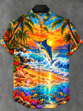 Oceanlyte Men's Short Sleeve Stand Collar Shirt - Sailfish And Tropical Beach Sunset Print with Chest Pocket