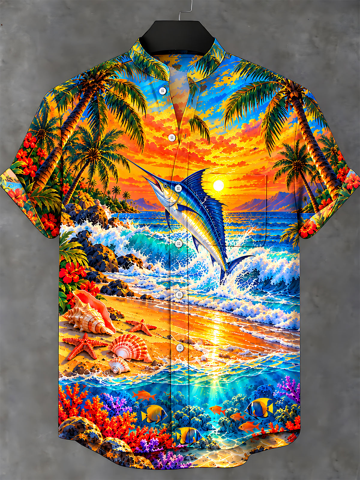 Oceanlyte Men's Short Sleeve Stand Collar Shirt - Sailfish And Tropical Beach Sunset Print with Chest Pocket