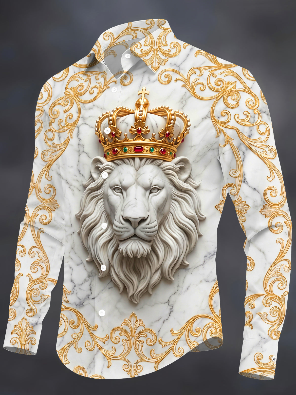 Oceanlyte Men's Printed Marble Lion With Golden Crown Print Long Sleeve Shirt with Chest Pocket