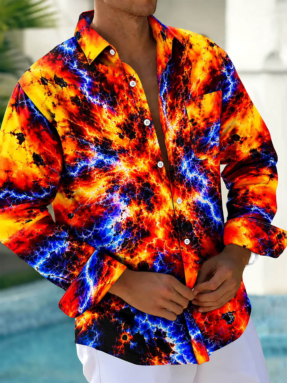 Oceanlyte Men's Tie Dye Abstract Lava And Lightning Pattern Long Sleeve Shirt with Chest Pocket