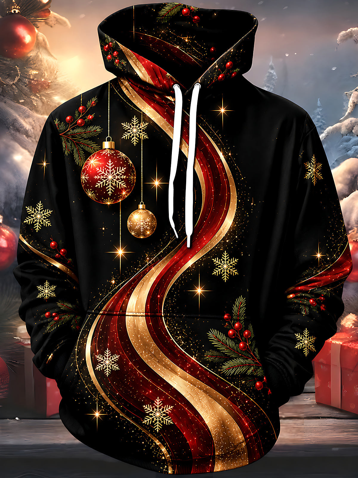 Oceanlyte Men's Christmas Ornaments And Snowflakes Print Long Sleeve Hoodie