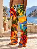 Oceanlyte Men's Pants - Tropical Coastal Sunset With Palm Trees And Red Flowers Print