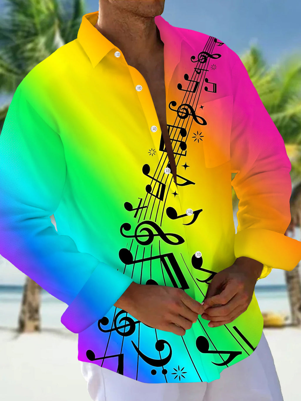 Oceanlyte Men's Long Sleeve Shirt - Rainbow Gradient With Musical Notes And Staff Print with Chest Pocket