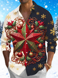 Oceanlyte Men's Christmas Star Holly Baubles Snowflakes Print Long Sleeve Shirt with Chest Pocket