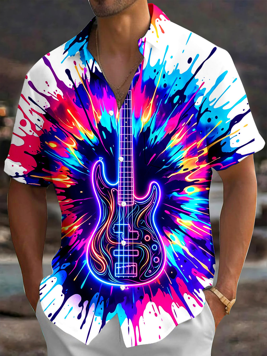 Oceanlyte Men's Short Sleeve Shirt - Neon Electric Guitar With Splatter Paint Print with Chest Pocket