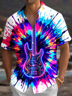 Oceanlyte Men's Short Sleeve Shirt - Neon Electric Guitar With Splatter Paint Print with Chest Pocket