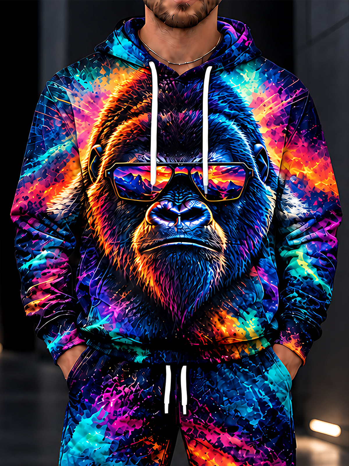 Oceanlyte Men's Colorful Gorilla With Sunglasses Print Long Sleeve Hoodie