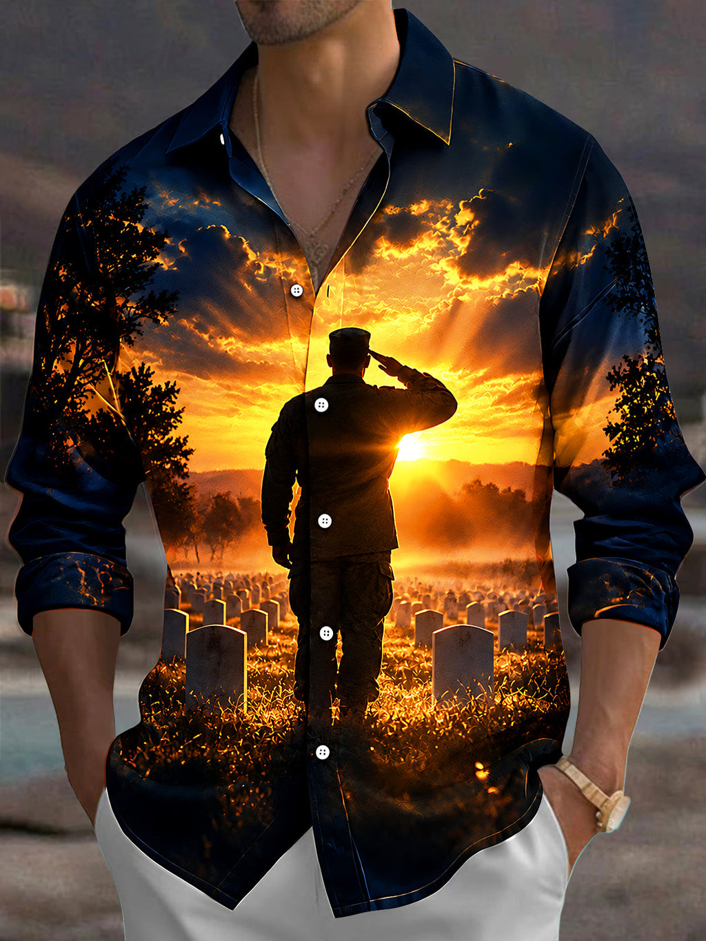 Oceanlyte Men's Long Sleeve Shirt - The "Final Salute" Veterans Day Soldier Saluting In Cemetery At Sunset Print with Chest Pocket