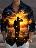 Oceanlyte Men's Long Sleeve Shirt - The "Final Salute" Veterans Day Soldier Saluting In Cemetery At Sunset Print with Chest Pocket