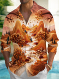 Oceanlyte Men's Long Sleeve Shirt - Autumn Mountain Landscape With Foxes And Trees Print with Chest Pocket