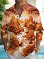 Oceanlyte Men's Long Sleeve Shirt - Autumn Mountain Landscape With Foxes And Trees Print with Chest Pocket