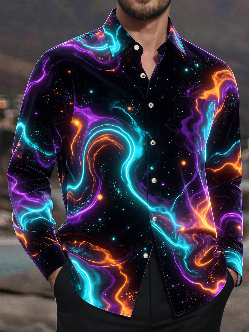 Oceanlyte Men's Long Sleeve Shirt - Abstract Cosmic Nebula And Swirling Colors Print with Chest Pocket
