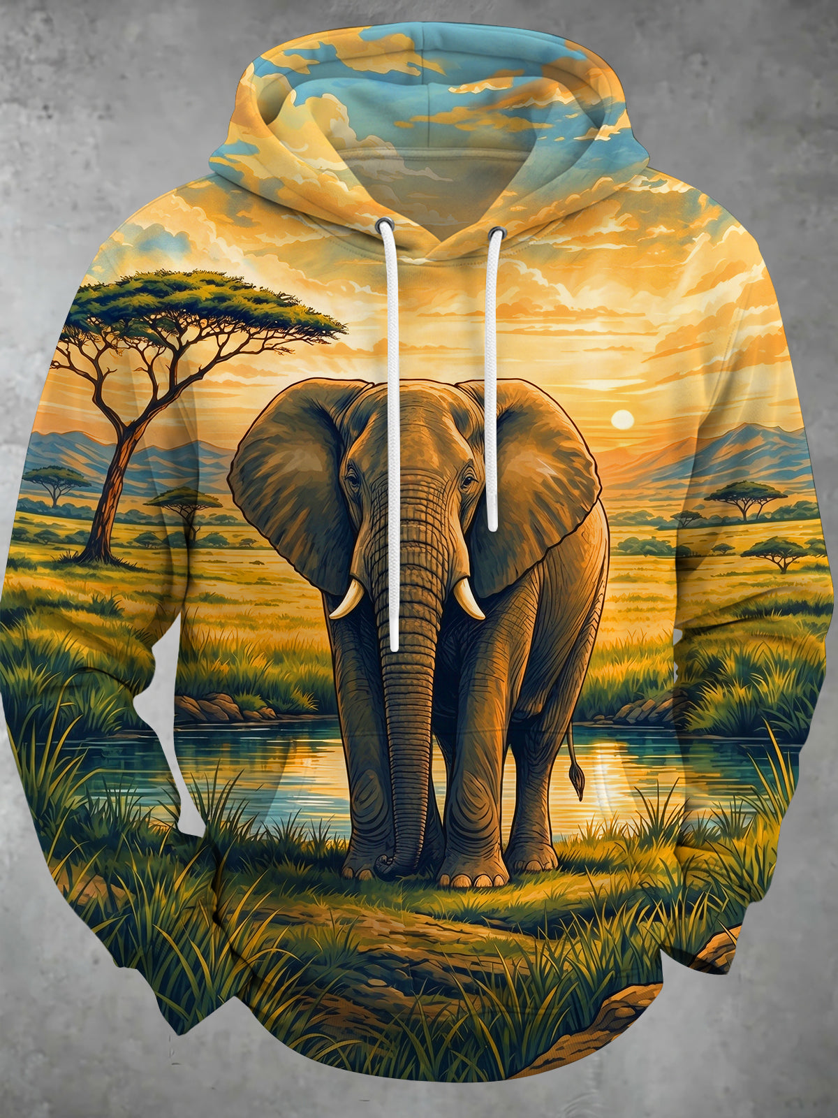 Oceanlyte Men's Long Sleeve Hoodie - African Elephant In Savanna Sunset Landscape Print