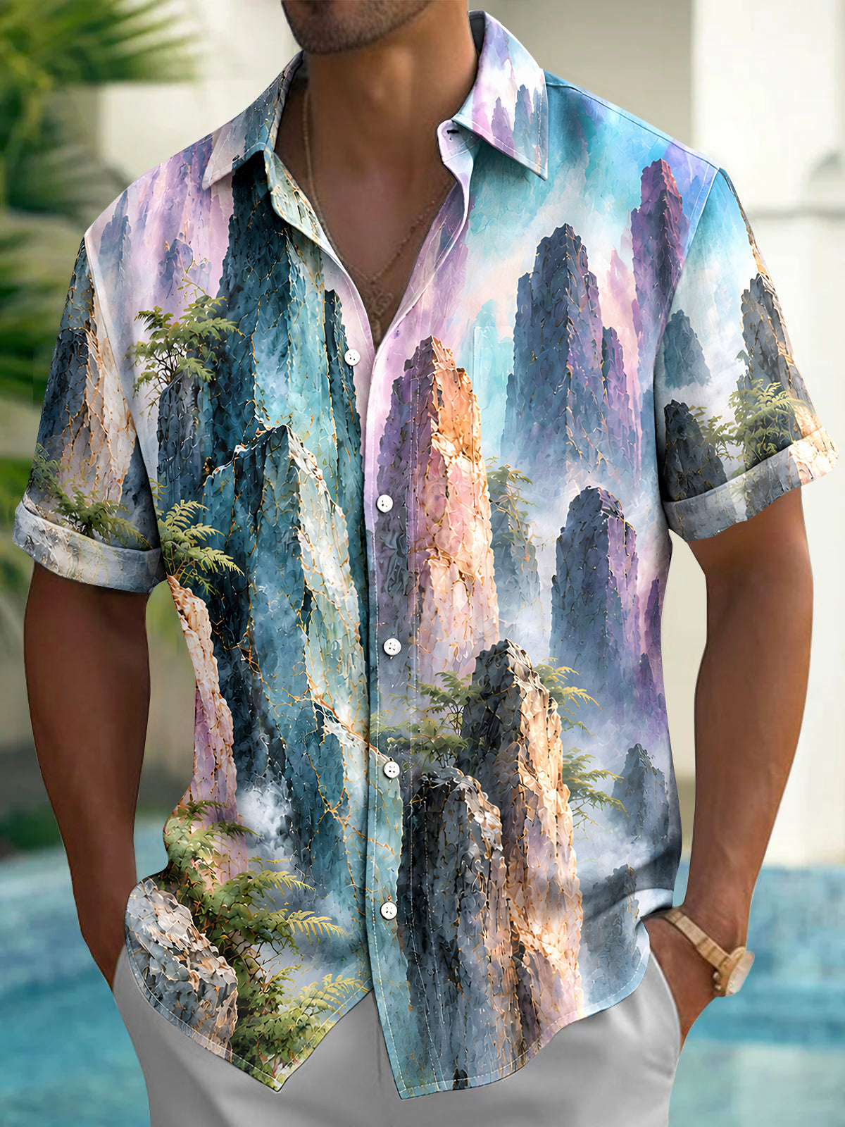 Oceanlyte Men's Mountain Landscape With Pine Trees Print Short Sleeve Shirt with Chest Pocket
