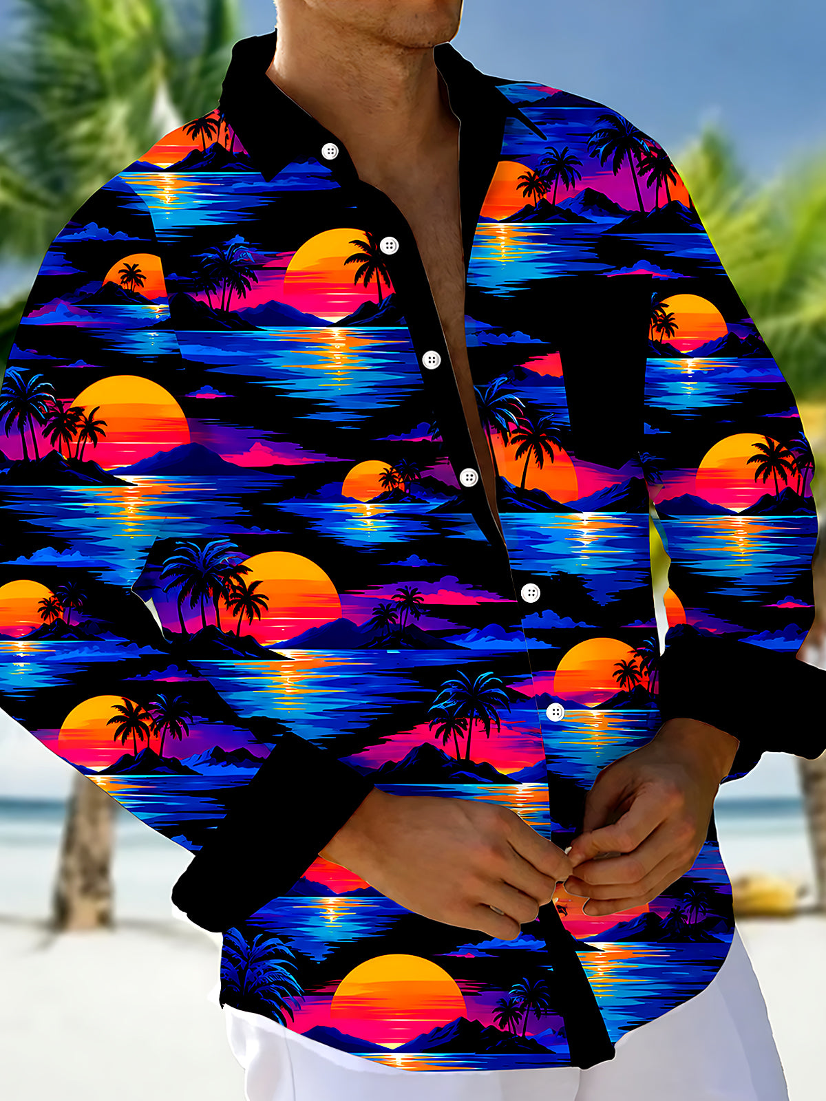 Oceanlyte Men's Neon Sunset Palm Trees And Ocean Waves Print Long Sleeve Shirt with Chest Pocket