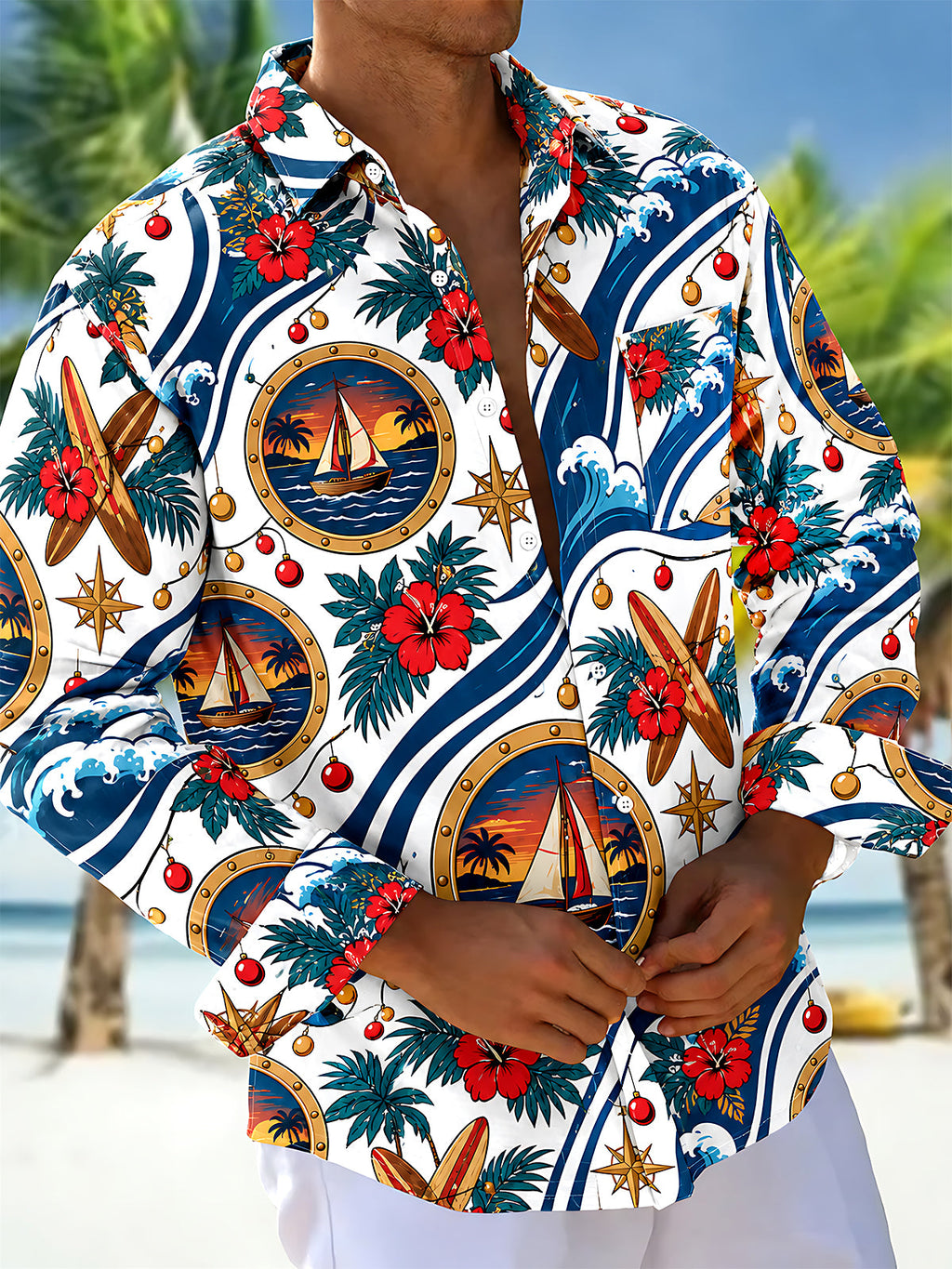 Oceanlyte Men's Long Sleeve Shirt - Christmas Ornaments And String Lights Print Sailing Boat In Porthole And Tropical Waves Print