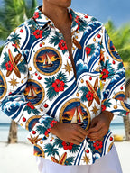Oceanlyte Men's Long Sleeve Shirt - Christmas Ornaments And String Lights Print Sailing Boat In Porthole And Tropical Waves Print