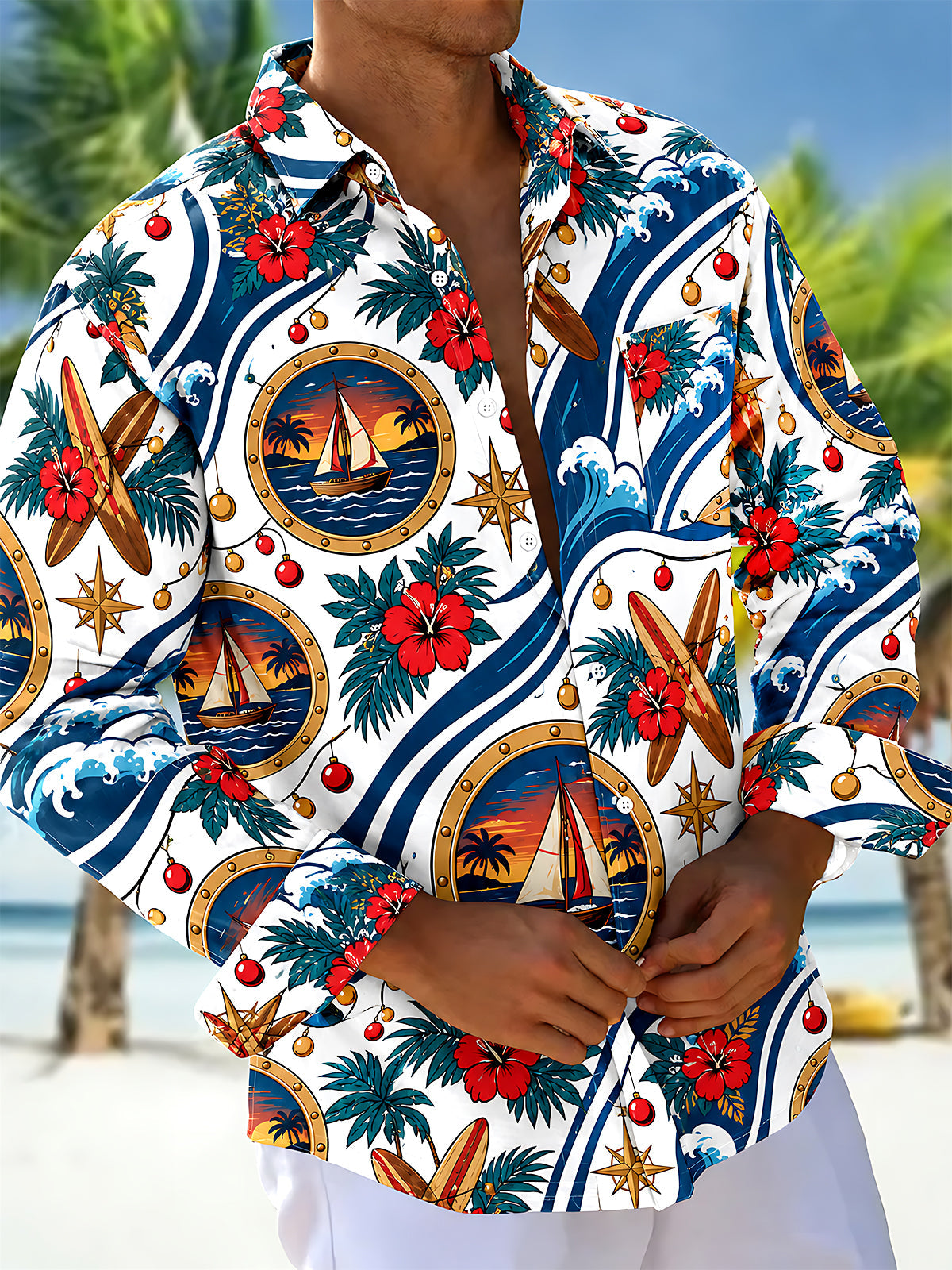 Oceanlyte Men's Long Sleeve Shirt - Christmas Ornaments And String Lights Print Sailing Boat In Porthole And Tropical Waves Print