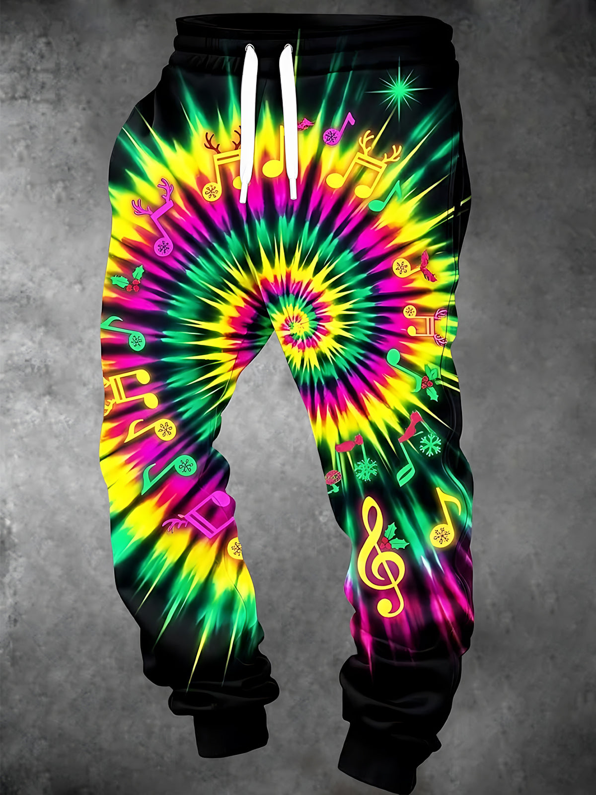 Oceanlyte Men's Pants - Tie Dye With Christmas Musical Notes And Reindeer Antlers Print