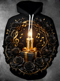 Oceanlyte Men's Black Roses And Gold Musical Notes Print Long Sleeve Hoodie