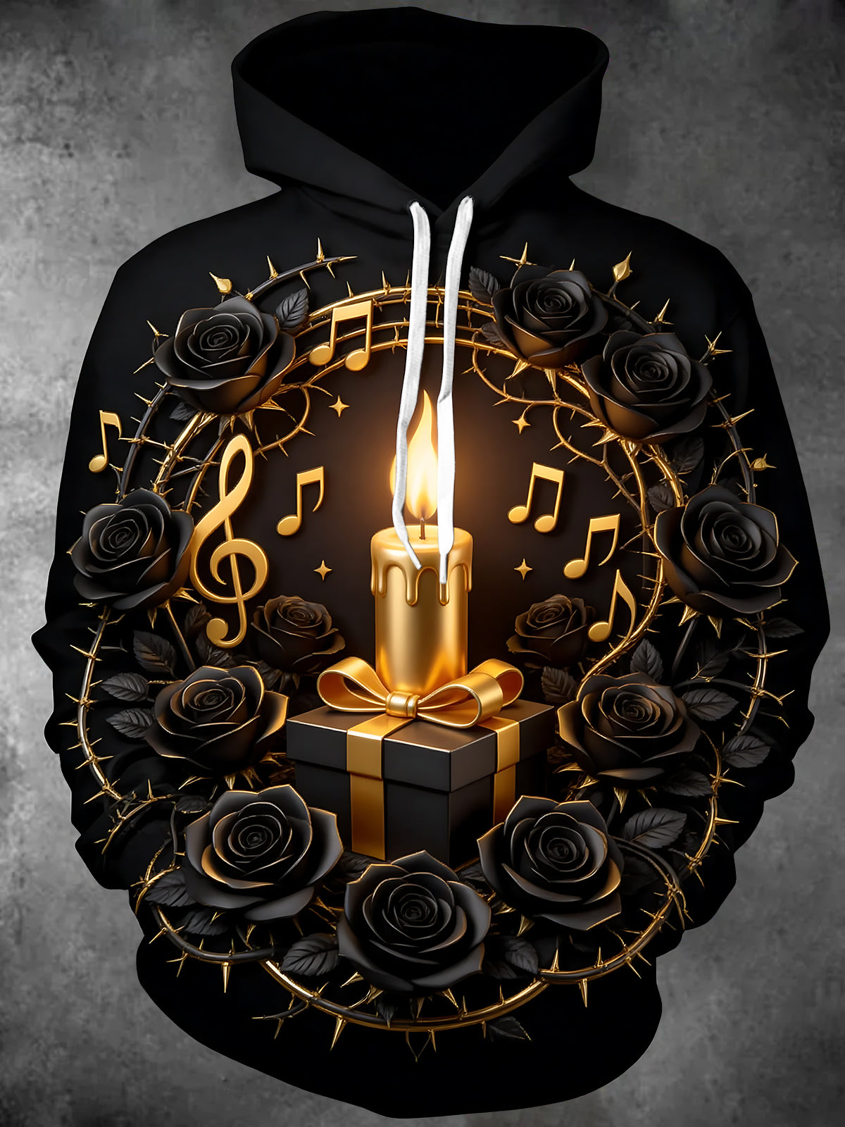 Oceanlyte Men's Black Roses And Gold Musical Notes Print Long Sleeve Hoodie