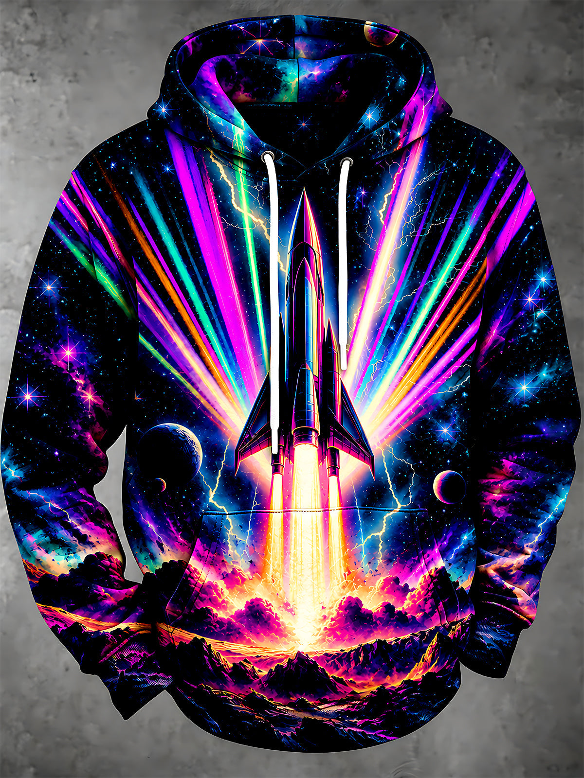 Oceanlyte Men's Long Sleeve Hoodie - Space Shuttle Launch With Neon Rays And Planets Print