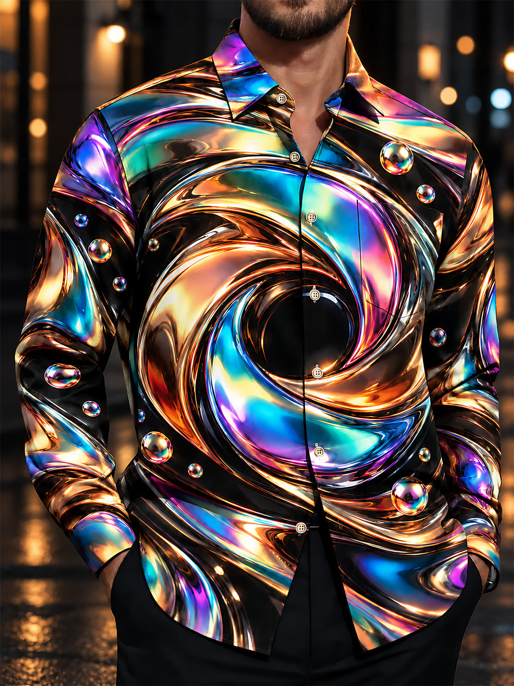 Oceanlyte Men's Long Sleeve Shirt - Abstract 3D Swirling Metallic Liquid And Spheres Print with Chest Pocket