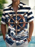 Oceanlyte Men's Ship Wheel And Sailboat On Waves Print Short Sleeve Shirt with Chest Pocket