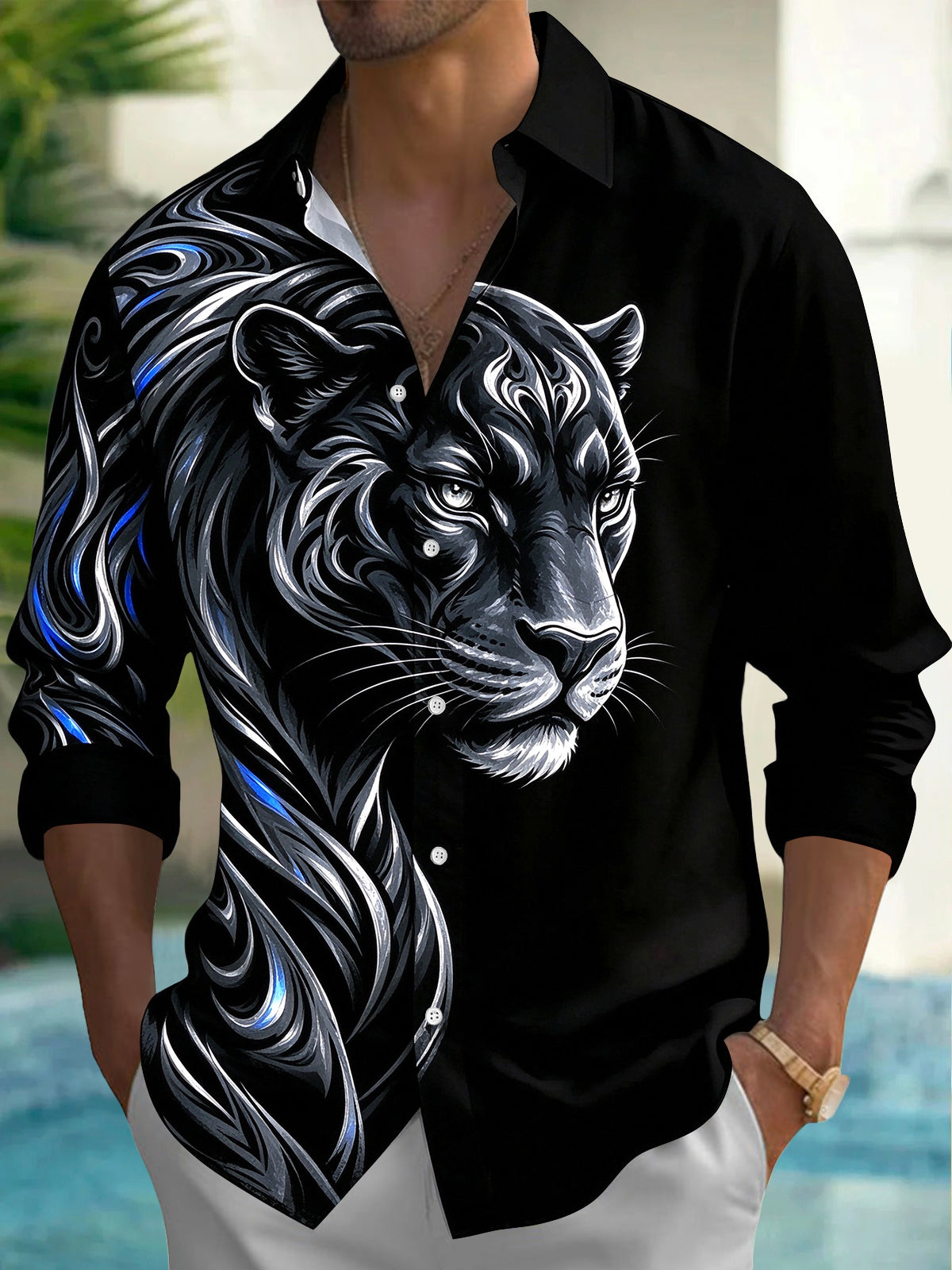 Oceanlyte Men's Long Sleeve Shirt - Stylized Tiger Head With Swirling Patterns Print with Chest Pocket