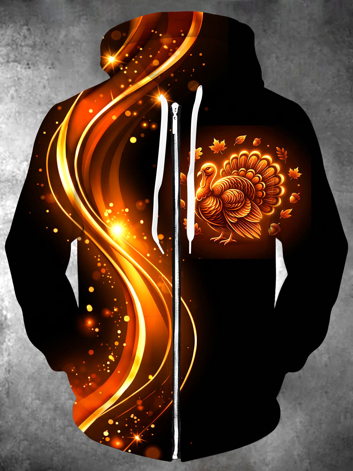 Oceanlyte Men's Long Sleeve Zip-Up Hoodie - Thanksgiving Turkey With Autumn Leaves And Acorns Print with Kangaroo Pocket